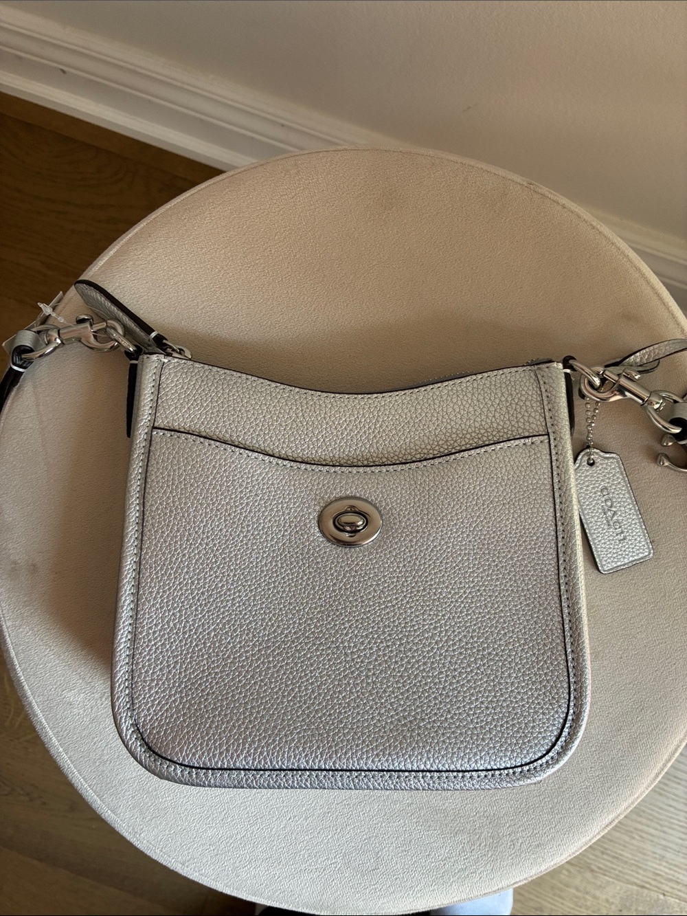 Coach Silver Pebbled Leather Shoulder Bag with Turnlock